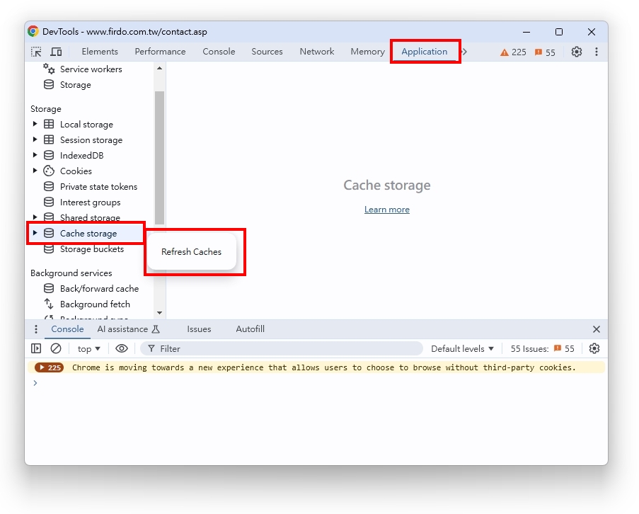 Application > Cache Storage > Refresh Caches Application > Cache Storage > Refresh Caches